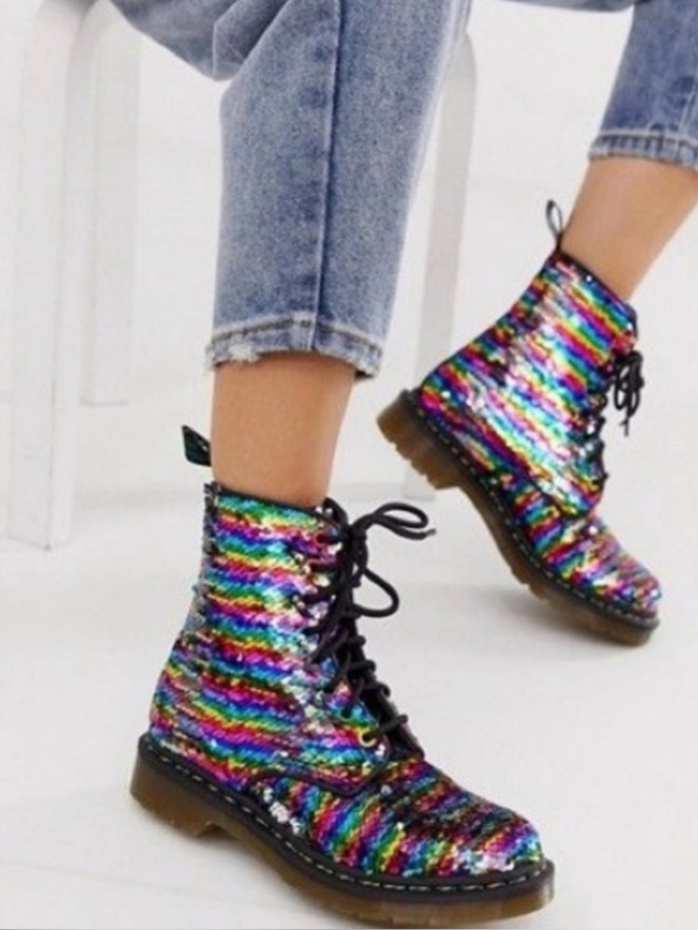Dr. marten Pascal Sequin Rainbow Combat Boots Size 7 Festival Glam Concert
